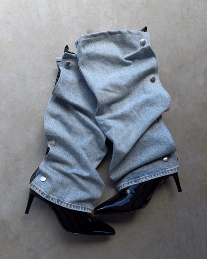 Denim Wrap Heel Boots