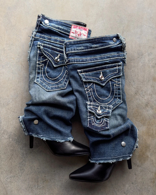 Denim Wrap Heel Boots